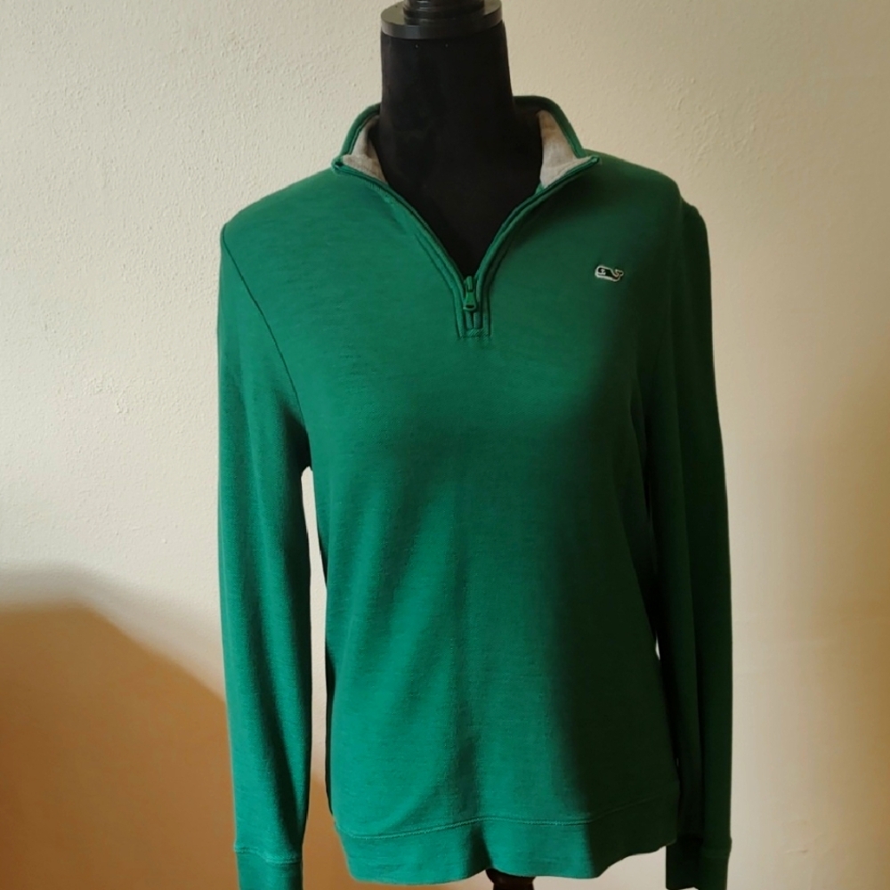 Vineyard Vines womens green quarter zip sweater sz L with whale logo